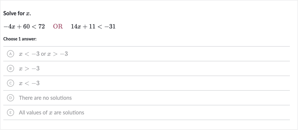 Solve for 
x.

-4x+60 < 72quad" OR "quad14 x+11 < -31
Choose 1 answer:
(A) 
x < -3 or 
x > -3
(B) 
x > -3
(C) 
x < -3
(D) There are no solutions
(E) All values of 
x are solutions