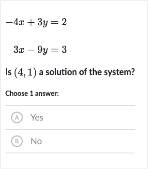 {:[-4x+3y=2],[3x-9y=3]:}
Is 
(4,1) a solution of the system?
Choose 1 answer:
(A) Yes
(B) No