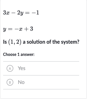 3x-2y=-1

y=-x+3
Is 
(1,2) a solution of the system?
Choose 1 answer:
(A) Yes
(B) No