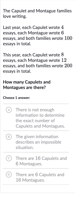 The Capulet and Montague families love writing.
Last year, each Capulet wrote 4 essays, each Montague wrote 6 essays, and both families wrote 100 essays in total.
This year, each Capulet wrote 8 essays, each Montague wrote 12 essays, and both families wrote 200 essays in total.
How many Capulets and Montagues are there?
Choose 1 answer:
(A) There is not enough information to determine the exact number of Capulets and Montagues.
(B) The given information describes an impossible situation.
(C) There are 16 Capulets and 6 Montagues.
(D) There are 6 Capulets and 16 Montagues.