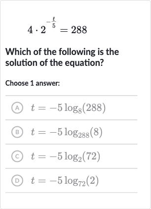 4*2^(-(t)/(5))=288
Which of the following is the solution of the equation?
Choose 1 answer:
(A) 
t=-5log_(8)(288)
(B) 
t=-5log_(288)(8)
(C) 
t=-5log_(2)(72)
(D) 
t=-5log_(72)(2)