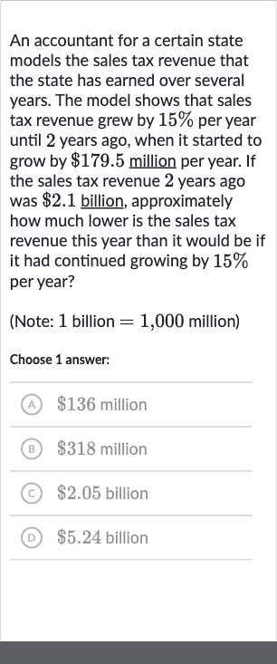 An accountant for a certain state models the sales tax revenue that the state has earned over several years. The model shows that sales tax revenue grew by 
15% per year until 2 years ago, when it started to grow by 
$179.5 million per year. If the sales tax revenue 2 years ago was 
$2.1 billion, approximately how much lower is the sales tax revenue this year than it would be if it had continued growing by 
15% per year?
(Note: 1 billion = 1,000 million)
Choose 1 answer:
(A) 
$136 million
(B) 
$318 million
(C) 
$2.05 billion
(D) 
$5.24 billion