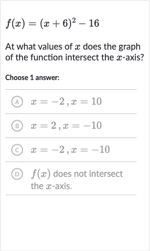 f(x)=(x+6)^(2)-16
At what values of x does the graph of the function intersect the x-axis?
Choose 1 answer:
(A) x=-2,x=10
(B) x=2,x=-10
(C) x=-2,x=-10
(D) f(x) does not intersect the x-axis.