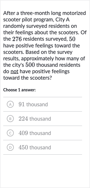 After a three-month long motorized scooter pilot program, City A randomly surveyed residents on their feelings about the scooters. Of the 276 residents surveyed, 50 have positive feelings toward the scooters. Based on the survey results, approximately how many of the city's 500 thousand residents do not have positive feelings toward the scooters?
Choose 1 answer:
(A) 91 thousand
(B) 224 thousand
(C) 409 thousand
(D) 450 thousand