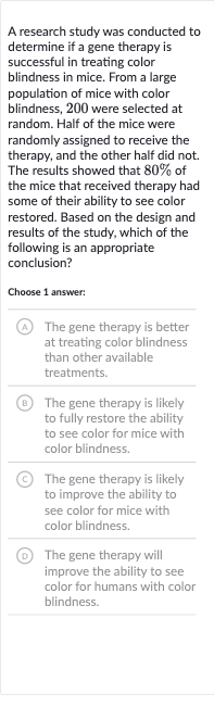 A research study was conducted to determine if a gene therapy is successful in treating color blindness in mice. From a large population of mice with color blindness, 200 were selected at random. Half of the mice were randomly assigned to receive the therapy, and the other half did not. The results showed that 
80% of the mice that received therapy had some of their ability to see color restored. Based on the design and results of the study, which of the following is an appropriate conclusion?
Choose 1 answer:
A The gene therapy is better at treating color blindness than other available treatments.
(B) The gene therapy is likely to fully restore the ability to see color for mice with color blindness.
(C) The gene therapy is likely to improve the ability to see color for mice with color blindness.
(D) The gene therapy will improve the ability to see color for humans with color blindness.