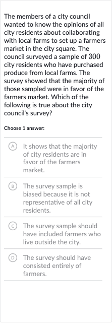 The members of a city council wanted to know the opinions of all city residents about collaborating with local farms to set up a farmers market in the city square. The council surveyed a sample of 300 city residents who have purchased produce from local farms. The survey showed that the majority of those sampled were in favor of the farmers market. Which of the following is true about the city council's survey?
Choose 1 answer:
A It shows that the majority of city residents are in favor of the farmers market.
(B) The survey sample is biased because it is not representative of all city residents.
(c) The survey sample should have included farmers who live outside the city.
(D) The survey should have consisted entirely of farmers.