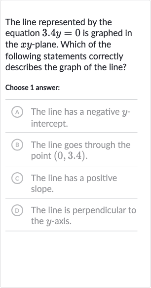 The line represented by the equation 
3.4 y=0 is graphed in the 
xy-plane. Which of the following statements correctly describes the graph of the line?
Choose 1 answer:
(A) The line has a negative 
y intercept.
B The line goes through the point 
(0,3.4).
(C) The line has a positive slope.
(D) The line is perpendicular to the 
y-axis.