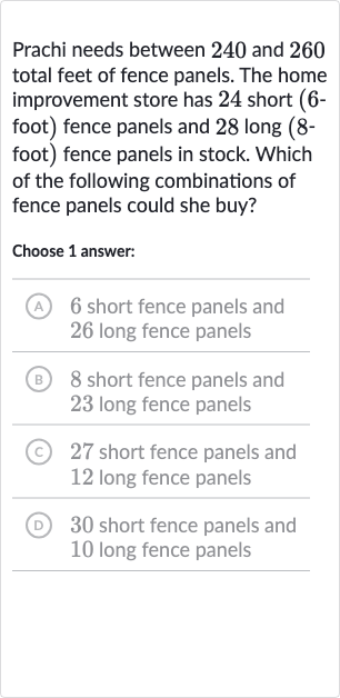 Prachi needs between 240 and 260 total feet of fence panels. The home improvement store has 24 short (6foot) fence panels and 28 long (8foot) fence panels in stock. Which of the following combinations of fence panels could she buy?
Choose 1 answer:
(A) 6 short fence panels and 26 long fence panels
B 8 short fence panels and 23 long fence panels
(C) 27 short fence panels and 12 long fence panels
(D) 30 short fence panels and 10 long fence panels