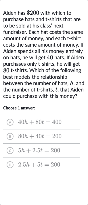 Aiden has 
$200 with which to purchase hats and 
t-shirts that are to be sold at his class' next fundraiser. Each hat costs the same amount of money, and each t-shirt costs the same amount of money. If Aiden spends all his money entirely on hats, he will get 40 hats. If Aiden purchases only t-shirts, he will get 
80t-shirts. Which of the following best models the relationship between the number of hats, 
h, and the number of 
t-shirts, 
t, that Aiden could purchase with this money?
Choose 1 answer:
(A) 
40 h+80 t=400
(B) 
80 h+40 t=200
(c) 
5h+2.5 t=200
(D) 
2.5 h+5t=200
