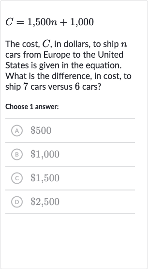 C=1,500 n+1,000
The cost, 
C, in dollars, to ship 
n cars from Europe to the United States is given in the equation. What is the difference, in cost, to ship 7 cars versus 6 cars?
Choose 1 answer:
(A) 
$500
(B) 
$1,000
(c) 
$1,500
(D) 
$2,500
