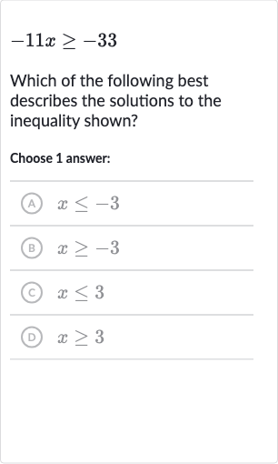 -11 x >= -33
Which of the following best describes the solutions to the inequality shown?
Choose 1 answer:
(A) 
x <= -3
(B) 
x >= -3
(c) 
x <= 3
(D) 
x >= 3