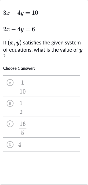 {:[3x-4y=10],[2x-4y=6]:}
If 
(x,y) satisfies the given system of equations, what is the value of 
y ?
Choose 1 answer:
(A) 
(1)/(10)
(B) 
(1)/(2)
(C) 
(16)/(5)
(D) 4