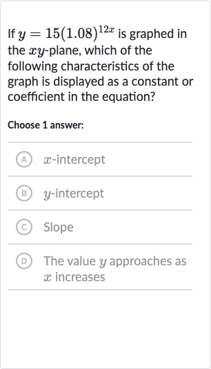 If 
y=15(1.08)^(12 x) is graphed in the 
xy-plane, which of the following characteristics of the graph is displayed as a constant or coefficient in the equation?
Choose 1 answer:
A ) 
x-intercept
(B) 
y-intercept
(C) Slope
(D) The value 
y approaches as 
x increases