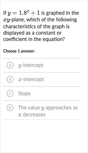 If 
y=1.8^(x)+1 is graphed in the 
xy-plane, which of the following characteristics of the graph is displayed as a constant or coefficient in the equation?
Choose 1 answer:
A 
y-intercept
(B) 
x-intercept
(c) Slope
(D) The value 
y approaches as 
x decreases
