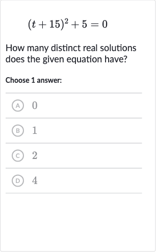 (t+15)^(2)+5=0
How many distinct real solutions does the given equation have?
Choose 1 answer:
(A) 0
(B) 1
(C) 2
(D) 4