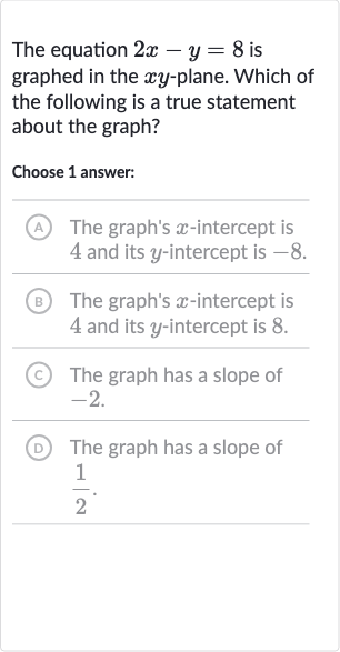 The equation 
2x-y=8 is graphed in the 
xy-plane. Which of the following is a true statement about the graph?
Choose 1 answer:
A The graph's 
x-intercept is 4 and its 
y-intercept is -8 .
(B) The graph's 
x-intercept is 4 and its 
y-intercept is 8 .
(C) The graph has a slope of -2 .
(D) The graph has a slope of 
(1)/(2).