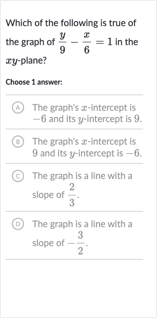 Which of the following is true of the graph of 
(y)/(9)-(x)/(6)=1 in the 
xy-plane?
Choose 1 answer:
(A) The graph's 
x-intercept is -6 and its 
y-intercept is 9 .
(B) The graph's 
x-intercept is 9 and its 
y-intercept is -6 .
(c) The graph is a line with a slope of 
(2)/(3).
(D) The graph is a line with a slope of 
-(3)/(2).