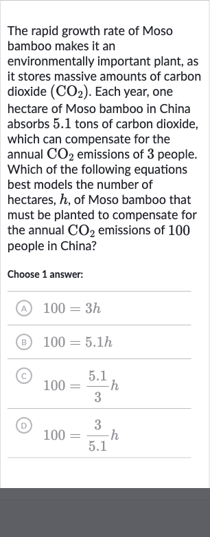 The rapid growth rate of Moso bamboo makes it an environmentally important plant, as it stores massive amounts of carbon dioxide 
(CO_(2)). Each year, one hectare of Moso bamboo in China absorbs 5.1 tons of carbon dioxide, which can compensate for the annual 
CO_(2) emissions of 3 people. Which of the following equations best models the number of hectares, 
h, of Moso bamboo that must be planted to compensate for the annual 
CO_(2) emissions of 100 people in China?
Choose 1 answer:
(A) 
100=3h
(B) 
100=5.1h
(C) 
100=(5.1)/(3)h
(D) 
100=(3)/(5.1)h