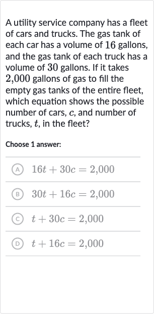 A utility service company has a fleet of cars and trucks. The gas tank of each car has a volume of 16 gallons, and the gas tank of each truck has a volume of 30 gallons. If it takes 2,000 gallons of gas to fill the empty gas tanks of the entire fleet, which equation shows the possible number of cars, 
c, and number of trucks, 
t, in the fleet?
Choose 1 answer:
(A) 
16 t+30 c=2,000
(B) 
30 t+16 c=2,000
(C) 
t+30 c=2,000
(D) 
t+16 c=2,000
