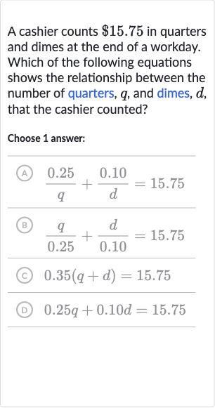A cashier counts 
$15.75 in quarters and dimes at the end of a workday. Which of the following equations shows the relationship between the number of quarters, 
q, and dimes, 
d, that the cashier counted?
Choose 1 answer:
(A) 
(0.25 )/(q)+(0.10 )/(d)=15.75
(B) 
(q)/( 0.25)+(d)/( 0.10)=15.75
(c) 
0.35(q+d)=15.75
(D) 
0.25 q+0.10 d=15.75