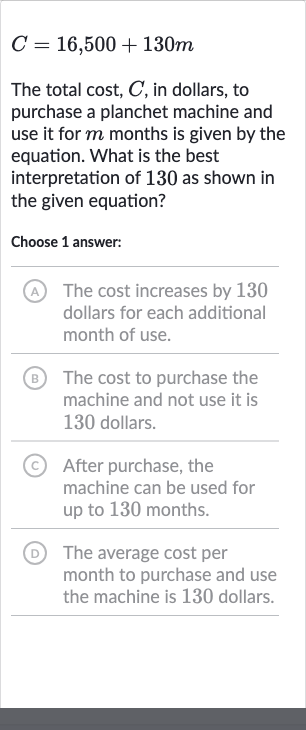 C=16,500+130 m
The total cost, 
C, in dollars, to purchase a planchet machine and use it for 
m months is given by the equation. What is the best interpretation of 130 as shown in the given equation?
Choose 1 answer:
A The cost increases by 130 dollars for each additional month of use.
B The cost to purchase the machine and not use it is 130 dollars.
(C) After purchase, the machine can be used for up to 130 months.
(D) The average cost per month to purchase and use the machine is 130 dollars.