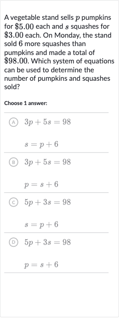 A vegetable stand sells 
p pumpkins for 
$5.00 each and 
s squashes for 
$3.00 each. On Monday, the stand sold 6 more squashes than pumpkins and made a total of 
$98.00. Which system of equations can be used to determine the number of pumpkins and squashes sold?
Choose 1 answer:
(A) 
3p+5s=98

s=p+6
(B) 
3p+5s=98

p=s+6
(C) 
5p+3s=98

s=p+6
(D) 
5p+3s=98

p=s+6
