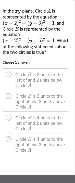 In the 
xy-plane, Circle 
A is represented by the equation 
(x-2)^(2)+(y+3)^(2)=1, and Circle 
B is represented by the equation 
(x+2)^(2)+(y+5)^(2)=1. Which of the following statements about the two circles is true?
Choose 1 answer:
(A) Circle 
B is 2 units to the left of and 2 units below Circle 
A.
(B) Circle 
B is 2 units to the right of and 2 units above Circle 
A.
(C) Circle 
B is 4 units to the left of and 2 units below Circle 
A.
(D) Circle 
B is 4 units to the right of and 2 units above Circle 
A.