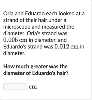Orla and Eduardo each looked at a strand of their hair under a microscope and measured the diameter. Orla's strand was 
0.005cm in diameter, and Eduardo's strand was 
0.012cm in diameter.
How much greater was the diameter of Eduardo's hair?
cm