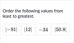 Order the following values from least to greatest.





|-91|

∣12
-34