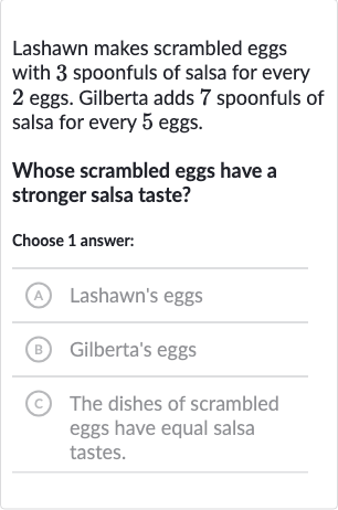 Lashawn makes scrambled eggs with 3 spoonfuls of salsa for every 2 eggs. Gilberta adds 7 spoonfuls of salsa for every 5 eggs.
Whose scrambled eggs have a stronger salsa taste?
Choose 1 answer:
(A) Lashawn's eggs
(B) Gilberta's eggs
(c) The dishes of scrambled eggs have equal salsa tastes.