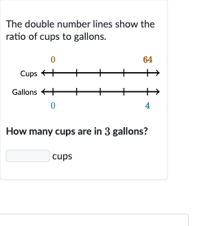 The double number lines show the ratio of cups to gallons.
How many cups are in 3 gallons?
cups