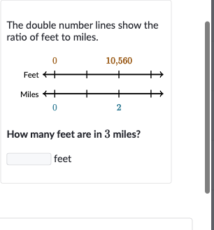 The double number lines show the ratio of feet to miles.
How many feet are in 3 miles?
feet