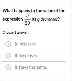 What happens to the value of the expression 
(q)/( 20) as 
q decreases?
Choose 1 answer:
A It increases.
(B) It decreases.
(c) It stays the same.