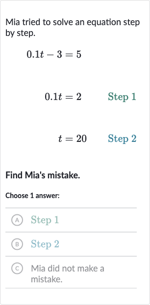 Mia tried to solve an equation step by step.

0.1 t-3=5

0.1 t=2quad Step 1

t=20quad" Step "2
Find Mia's mistake.
Choose 1 answer:
(A) Step 1
(B) Step 2
(c) Mia did not make a mistake.
