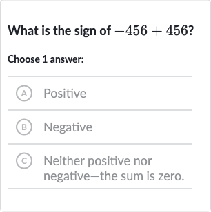 What is the sign of 
-456+456?
Choose 1 answer:
(A) Positive
(B) Negative
(C) Neither positive nor negative-the sum is zero.