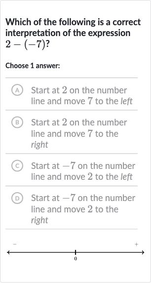 Which of the following is a correct interpretation of the expression 
2-(-7)?
Choose 1 answer:
A Start at 2 on the number line and move 7 to the left
B Start at 2 on the number line and move 7 to the right
(C) Start at -7 on the number line and move 2 to the left
D Start at -7 on the number line and move 2 to the right