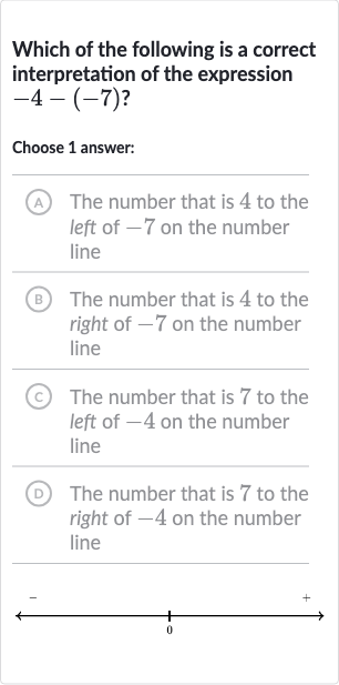 Which of the following is a correct interpretation of the expression 
-4-(-7)?
Choose 1 answer:
A The number that is 4 to the left of -7 on the number line
(B) The number that is 4 to the right of -7 on the number line
(C) The number that is 7 to the left of -4 on the number line
(D) The number that is 7 to the right of -4 on the number line