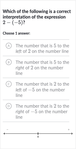 Which of the following is a correct interpretation of the expression 
2-(-5)?
Choose 1 answer:
A The number that is 5 to the left of 2 on the number line
(B) The number that is 5 to the right of 2 on the number line
(C) The number that is 2 to the left of -5 on the number line
(D) The number that is 2 to the right of -5 on the number line