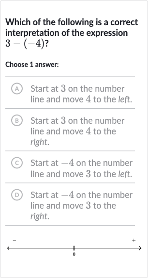 Which of the following is a correct interpretation of the expression 
3-(-4)?
Choose 1 answer:
A Start at 3 on the number line and move 4 to the left.
B Start at 3 on the number line and move 4 to the right.
(C) Start at -4 on the number line and move 3 to the left.
D Start at -4 on the number line and move 3 to the right.