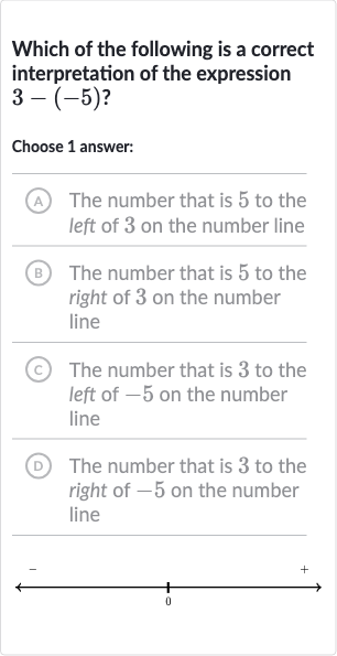 Which of the following is a correct interpretation of the expression 
3-(-5)?
Choose 1 answer:
A The number that is 5 to the left of 3 on the number line
(B) The number that is 5 to the right of 3 on the number line
(C) The number that is 3 to the left of -5 on the number line
(D) The number that is 3 to the right of -5 on the number line