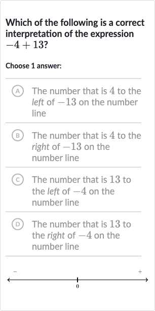 Which of the following is a correct interpretation of the expression 
-4+13 ?
Choose 1 answer:
(A) The number that is 4 to the left of -13 on the number line
(B) The number that is 4 to the right of -13 on the number line
(C) The number that is 13 to the left of -4 on the number line
(D) The number that is 13 to the right of -4 on the number line