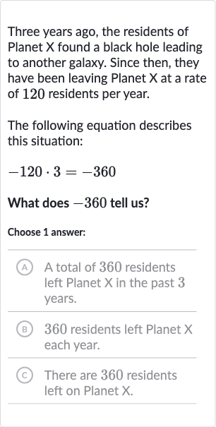 Three years ago, the residents of Planet 
X found a black hole leading to another galaxy. Since then, they have been leaving Planet 
X at a rate of 120 residents per year.
The following equation describes this situation:

-120*3=-360
What does -360 tell us?
Choose 1 answer:
(A) A total of 360 residents left Planet 
X in the past 3 years.
(B) 360 residents left Planet 
X each year.
(c) There are 360 residents left on Planet 
X.