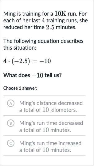 Ming is training for a 
10K run. For each of her last 4 training runs, she reduced her time 2.5 minutes.
The following equation describes this situation:

4*(-2.5)=-10
What does -10 tell us?
Choose 1 answer:
(A) Ming's distance decreased a total of 10 kilometers.
(B) Ming's run time decreased a total of 10 minutes.
(c) Ming's run time increased a total of 10 minutes.