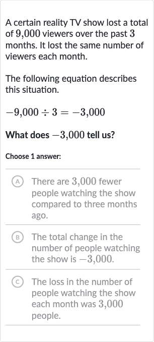 A certain reality TV show lost a total of 9,000 viewers over the past 3 months. It lost the same number of viewers each month.
The following equation describes this situation.

-9,000÷3=-3,000
What does 
-3,000 tell us?
Choose 1 answer:
(A) There are 3,000 fewer people watching the show compared to three months ago.
B The total change in the number of people watching the show is 
-3,000.
(c) The loss in the number of people watching the show each month was 3,000 people.