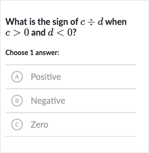 What is the sign of 
c÷d when 
c > 0 and 
d < 0 ?
Choose 1 answer:
A Positive
(B) Negative
(c) Zero