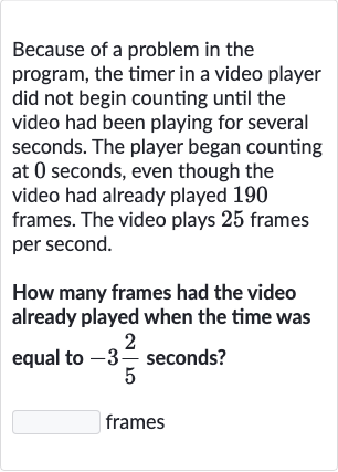 Because of a problem in the program, the timer in a video player did not begin counting until the video had been playing for several seconds. The player began counting at 0 seconds, even though the video had already played 190 frames. The video plays 25 frames per second.
How many frames had the video already played when the time was equal to 
-3(2)/(5) seconds?

◻ frames