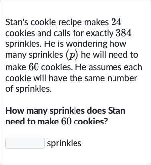 Stan's cookie recipe makes 24 cookies and calls for exactly 384 sprinkles. He is wondering how many sprinkles 
(p) he will need to make 60 cookies. He assumes each cookie will have the same number of sprinkles.
How many sprinkles does Stan need to make 60 cookies?
sprinkles