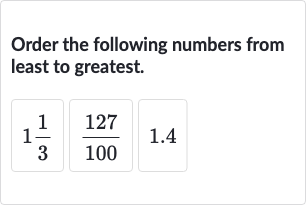 Order the following numbers from least to greatest.

{:[1(1)/(3),(127)/(100),1.4]:}