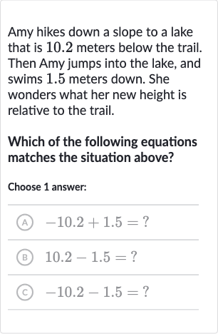Amy hikes down a slope to a lake that is 10.2 meters below the trail. Then Amy jumps into the lake, and swims 1.5 meters down. She wonders what her new height is relative to the trail.
Which of the following equations matches the situation above?
Choose 1 answer:
(A) 
-10.2+1.5= ?
(B) 
10.2-1.5=?
(c) 
-10.2-1.5= ?
