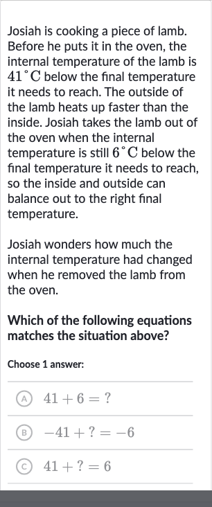 Josiah is cooking a piece of lamb. Before he puts it in the oven, the internal temperature of the lamb is 
41^(@)C below the final temperature it needs to reach. The outside of the lamb heats up faster than the inside. Josiah takes the lamb out of the oven when the internal temperature is still 
6^(@)C below the final temperature it needs to reach, so the inside and outside can balance out to the right final temperature.
Josiah wonders how much the internal temperature had changed when he removed the lamb from the oven.
Which of the following equations matches the situation above?
Choose 1 answer:
(A) 
41+6=?
(B) 
-41+?=-6
(C) 
41+?=6
